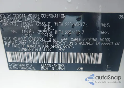 2017 Toyota Rav4 Xle z USA, uszkodzony, nr VIN JTMWFREV0HJ101479
